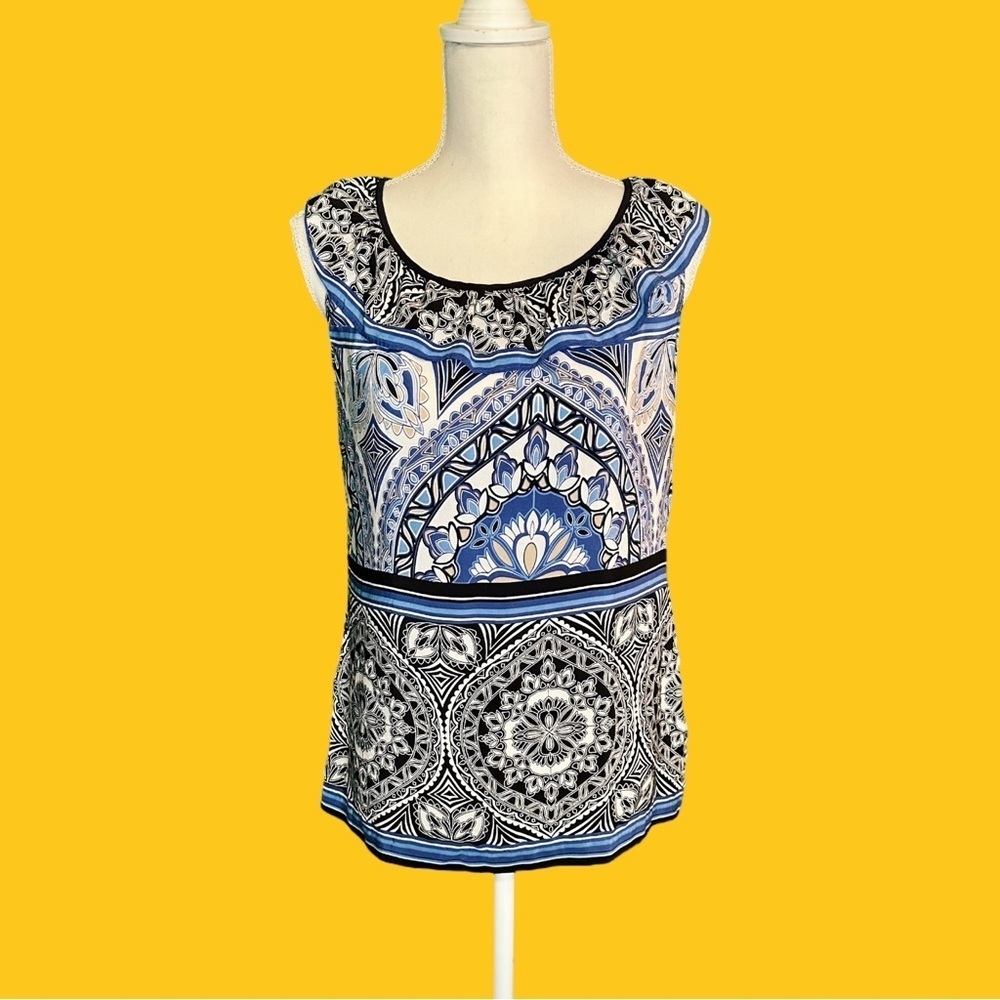 Dana Buchman Silk Blue, White & Black Floral Geometric Print Ruffle Collar Top